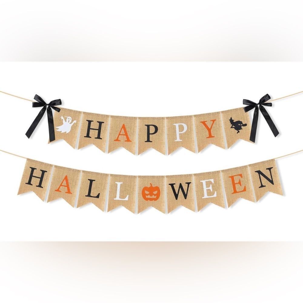 Happy Halloween Burlap Banner Pumpkin Witch Ghost Party Fall Autumn Decoration.